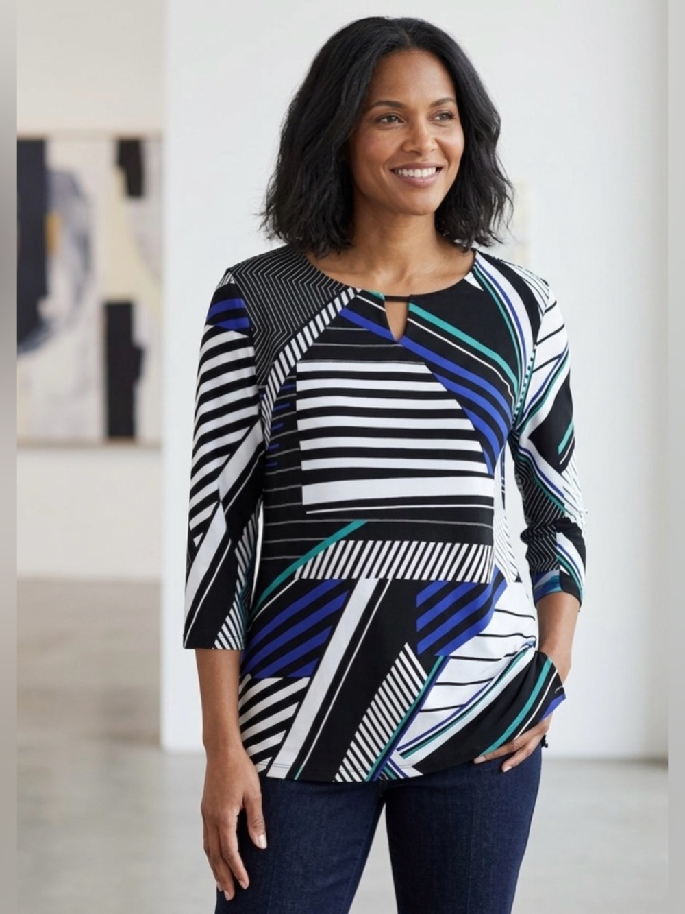 Chicos Abstract Geometric Stripe Stretch Knit Blouse Womens Size 16